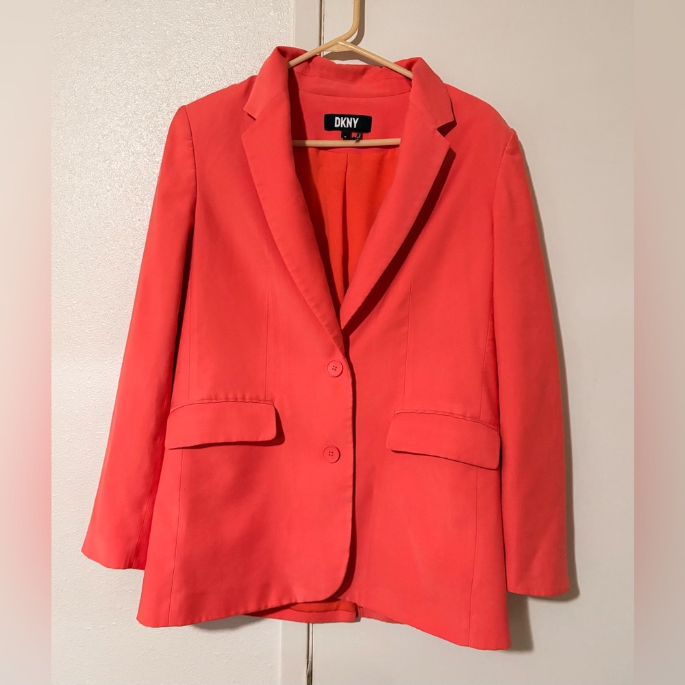 DKNY Women's Medium Orange Coral Button Up Long Sleeve Blazer W/ Pockets